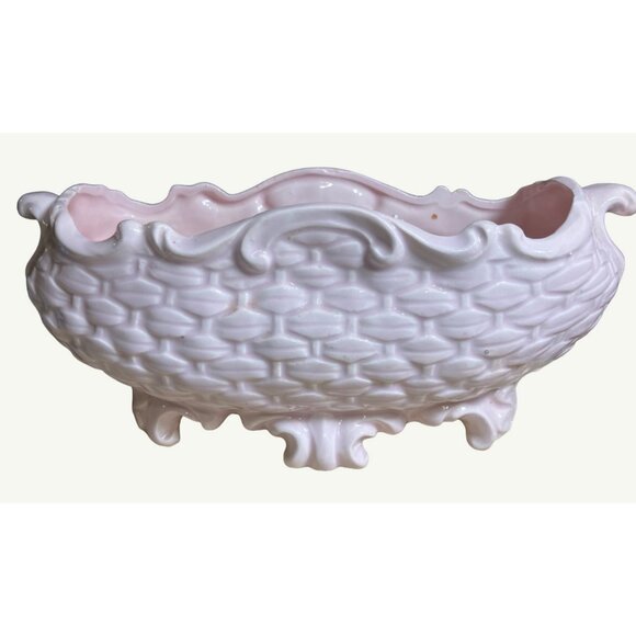 Vintage Pink Weaved Look Ceramic Planter With Grape & Leaf Design - Picture 6 of 13